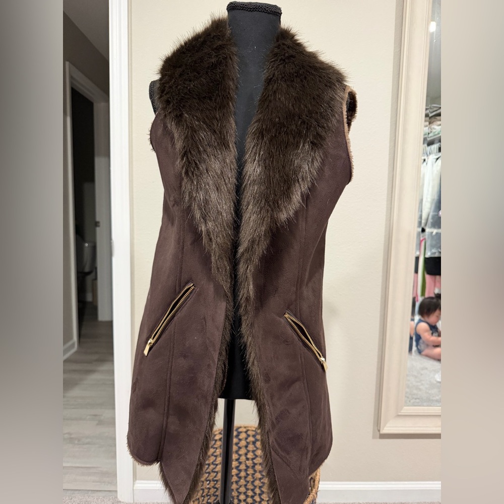Reba Dark Brown Vest with Faux Fur Trim